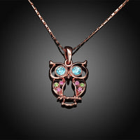 Rose Gold Plated Necklace Pendant Owl Zirconia Blue 19 Inches 1MM Lobster B155