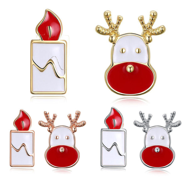 Rose Gold Silver Enamel Stud Earrings Christmas Reindeer Rudolph 16x7mm P132