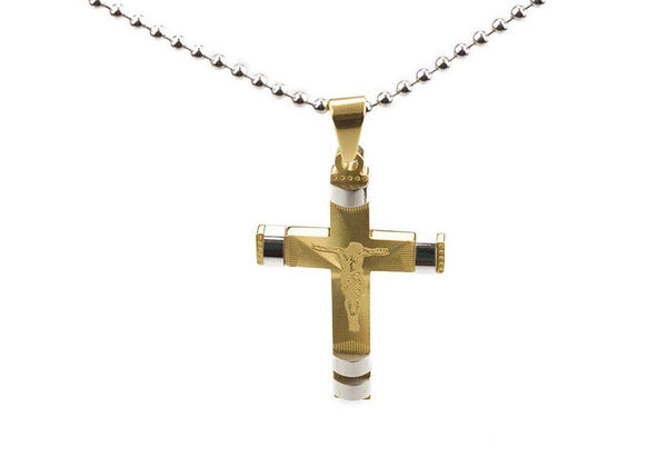 Stainless Steel Cross Pendant Beads Necklace Unisex Gold L170