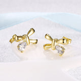 Yellow Gold Plated Earrings Bow Stud AAA Zirconia Push Back Clasp L493