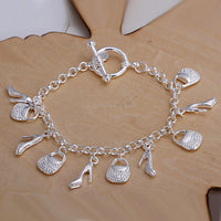 Women Sterling Silver Plated Bracelet Good Luck Heels Bag 8 Inches 3MM Toggle L50