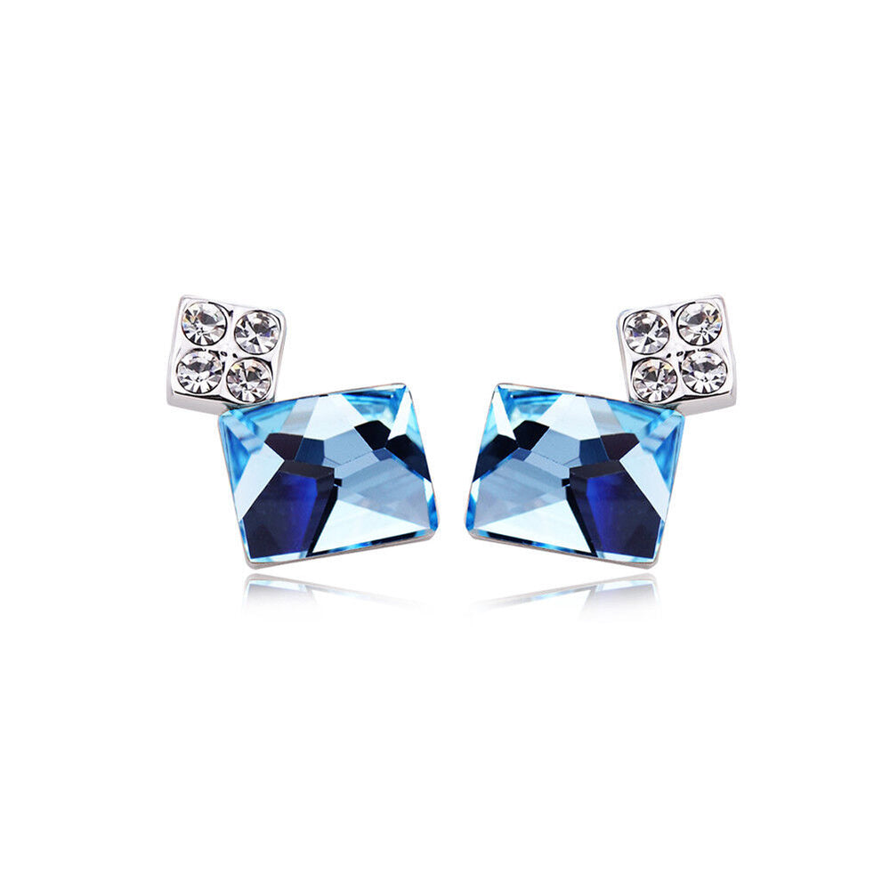 Platinum Plated Earrings  Stud AAA Zirconia Blue Push Back Clasp L681