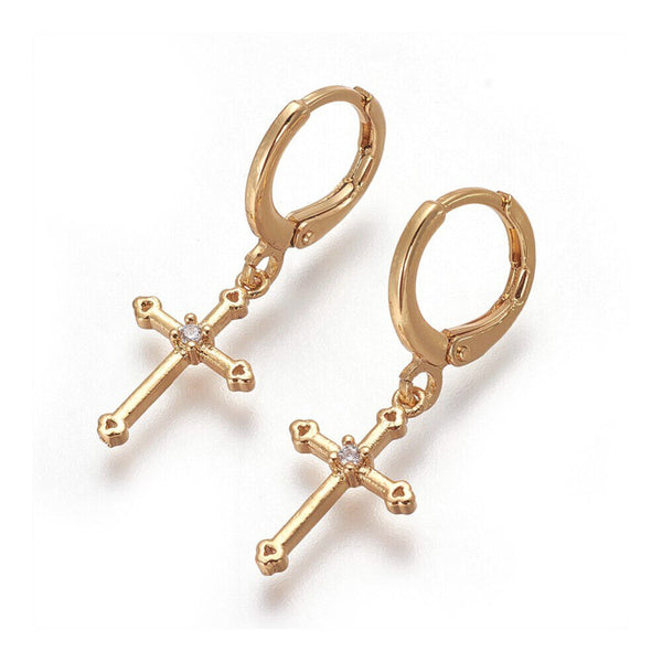 Dangle Hoop Earrings Cubic Zirconia Plated Cross Gold 29mm Pin 1mm P322