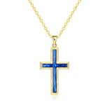 Yellow Gold Plated Necklace Women's Pendant Cross Blue Opal Lobster Clasp B180