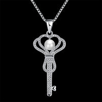 Platinum Plated Necklace Pendant Crown Key Zirconia 19" 1MM Lobster Clasp B336