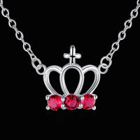 Sterling Silver Necklace Pendant Crown Red Zirconia 18 Inches 1MM Lobster B18