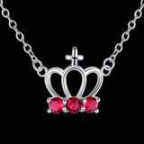 Sterling Silver Necklace Pendant Crown Red Zirconia 18 Inches 1MM Lobster B18