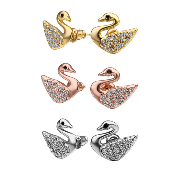 Rose Gold Platinum  Plated  Earrings Stud AAA Zirconia Push Back Swan .56" L293