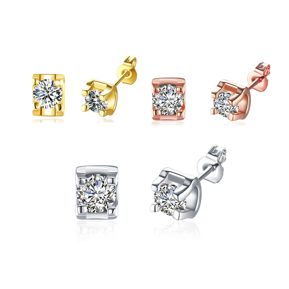 Rose Gold Platinum Plated Earrings Stud AAA Zirconia Push Back .24" L323