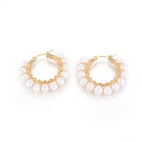 Stainless Steel Hoop Earrings Pearl Ring White Gold Agate Tiger Eye Howlite P325