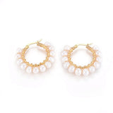 Stainless Steel Hoop Earrings Pearl Ring White Gold Agate Tiger Eye Howlite P325