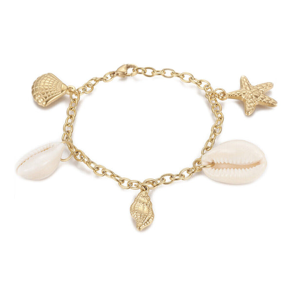 Stainless Steel Charm Bracelet Cowrie Shell Starfish Stars Shell Gold 7.7" Z62