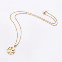 Stainless Steel Set Earring Pendant Necklace Flat Round Star Gold 18" P797