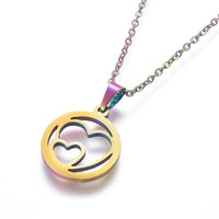 Stainless Steel Set Stud Earring Pendant Necklace Flat Round Heart 18" 9mm P10