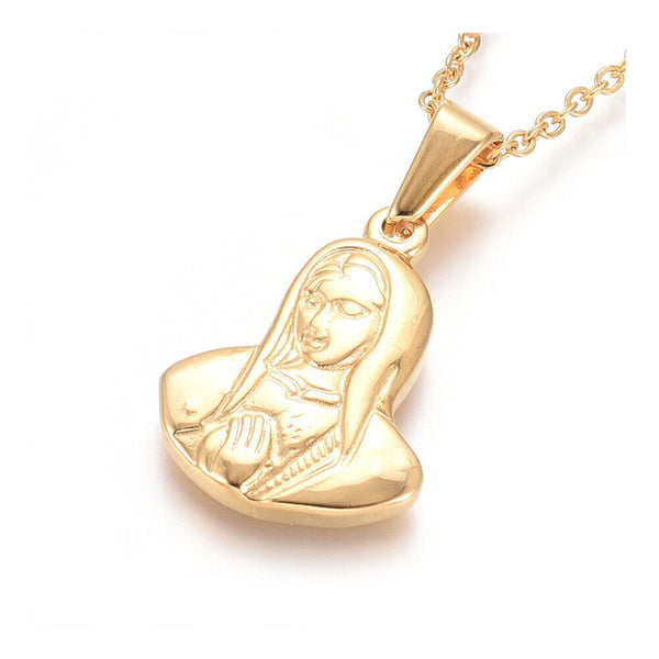 Stainless Steel Pendant Necklace Lobster Religion Virgin Mary Gold 17.5" A253