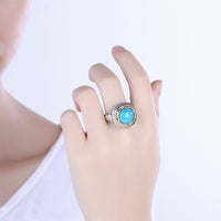 Platinum Plated Halo Ring Womens Gold Kallaite Stone Blue B505