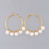 Hoop Earrings Natural Pearl Gold Plated Stainless Steel Hoop Gold White P364