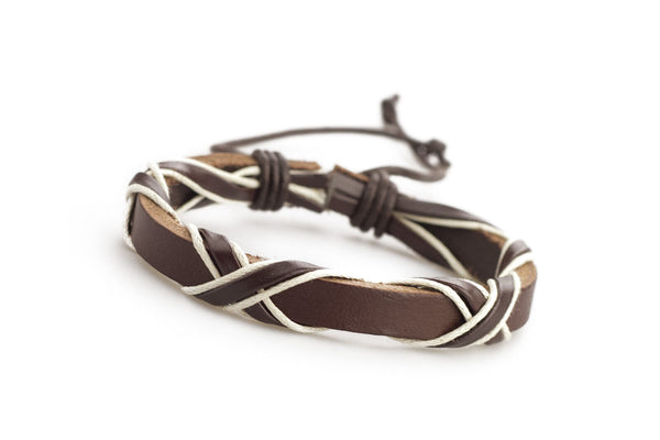 Genuine Leather Handmade Bracelet Mens Unisex  Wrap Tribal  Brown White H223