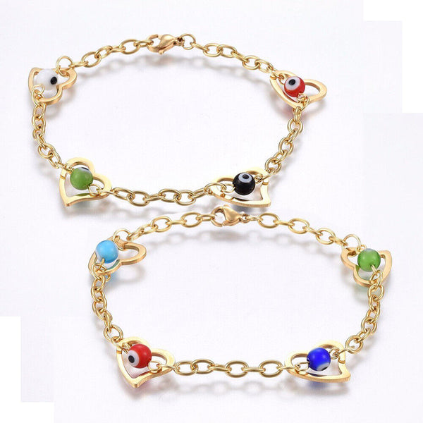 Stainless Steel Bracelet Evil Eye Beads Lobster Heart Gold Silver 8.6" 4mm P226