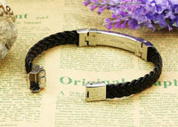 Mens Unisex Stainless Steel Black PU Leather Bracelet 8" G13