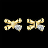 Yellow Gold Plated Earrings Bow Stud AAA Zirconia Push Back Clasp L493