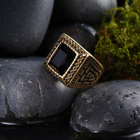 Stainless Steel Yellow Gold Plated Ring Men's Black Glass Stone B547