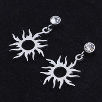 Stainless Steel Dangle Stud Earrings Zirconia Sun Silver 24mm 0.8mm Z379