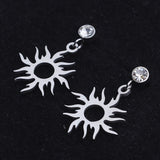 Stainless Steel Dangle Stud Earrings Zirconia Sun Silver 24mm 0.8mm Z379