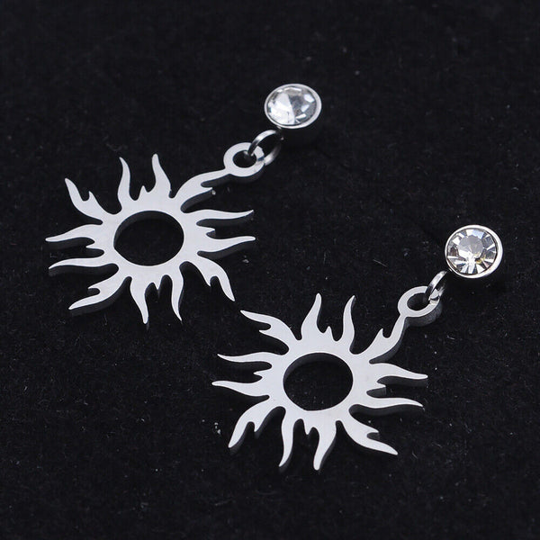 Stainless Steel Dangle Stud Earrings Zirconia Sun Silver 24mm 0.8mm Z379