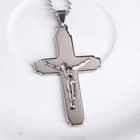 Stainless Steel Pendant1.31X2.32 Inch Jesus Cross  Black Silver Necklace 22" B9