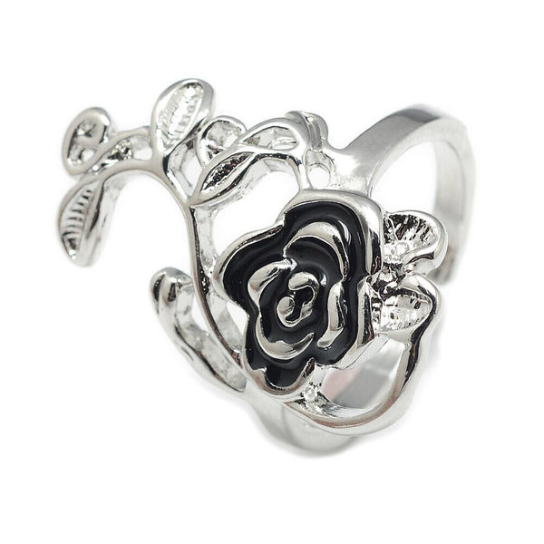 Enamel Alloy Cuff Finger Ring Flower Platinum Size 10 Adjustable 20mm P416