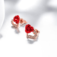 Rose Gold Plated Red Earrings Stud AAA Zirconia Push Back Rose .48" L176