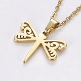 Stainless Steel Set Earring Pendant Necklace Dragonfly Gold 18" P784