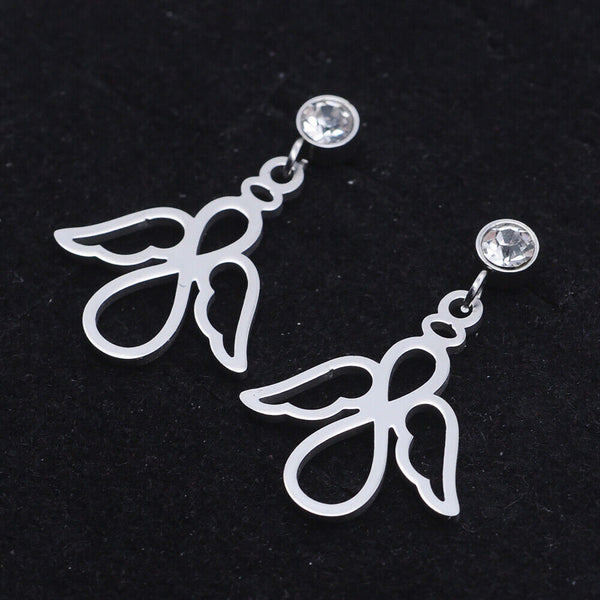 Stainless Steel Dangle Stud Earrings Zirconia Angel Silver 23.5mm 0.8mm Z369