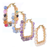 201 Stainless Steel Hoop Earrings Natural Agate Bead Rectangle Gold A178