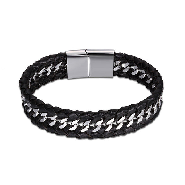 Stainless Steel Leather Bracelet 8 Inches 14.8MM Magnetic L333