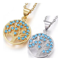 Stainless Steel Pendant Necklace Zirconia Round Life Tree Blue Gold 17.7' A284