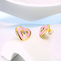 Gold Plated Earrings Heart Stud AAA Zirconia Pink Push Back Clasp L464