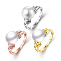 Rose Gold Platinum Plated Fashion Solitaire Ring White Glass Pearl Women B350