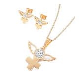 Stainless Steel Set Pendant Necklace Cross Wings Earrings Gold 17.7'' P816