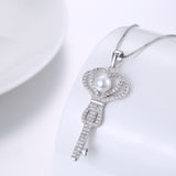 Platinum Plated Necklace Pendant Crown Key Zirconia 19" 1MM Lobster Clasp B336