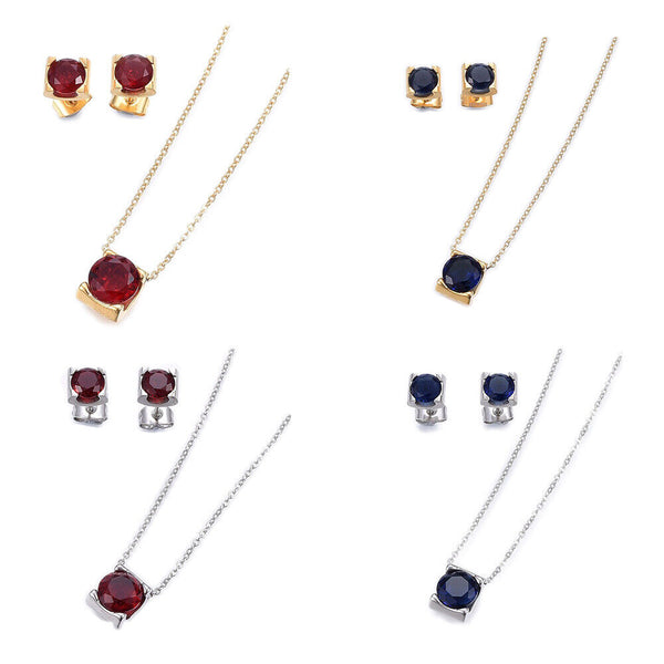 Stainless Steel Set Pendant Necklace Earrings Zirconia Red Gold 17.71" P723