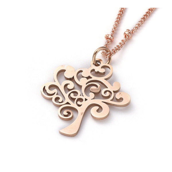 Stainless Steel Tree of Life Pendant Necklace Satellite Rose Gold 16.5" Z515