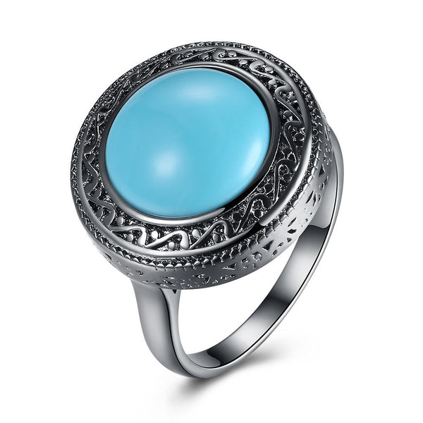 Platinum Plated Black Gunmetal Halo Fashion Ring Women's Kallaite Blue B495