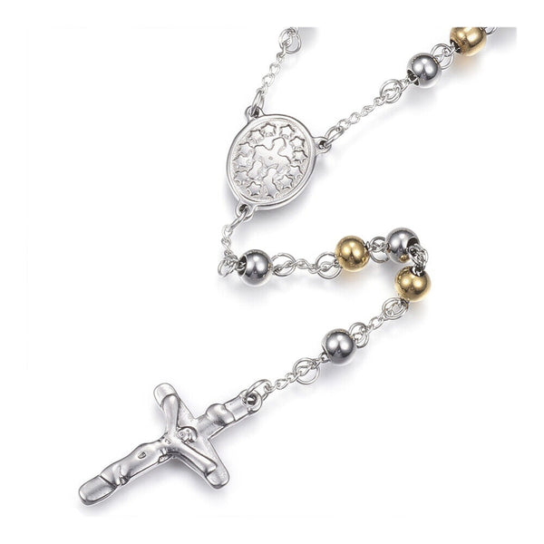 Stainless Steel Rosary Necklace Cross Pendant Lobster Silver 28inches 71cm Z648