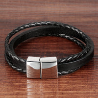 Stainless Steel Genuine Leather Bracelet Black Silver Men's Unisex Slide G382