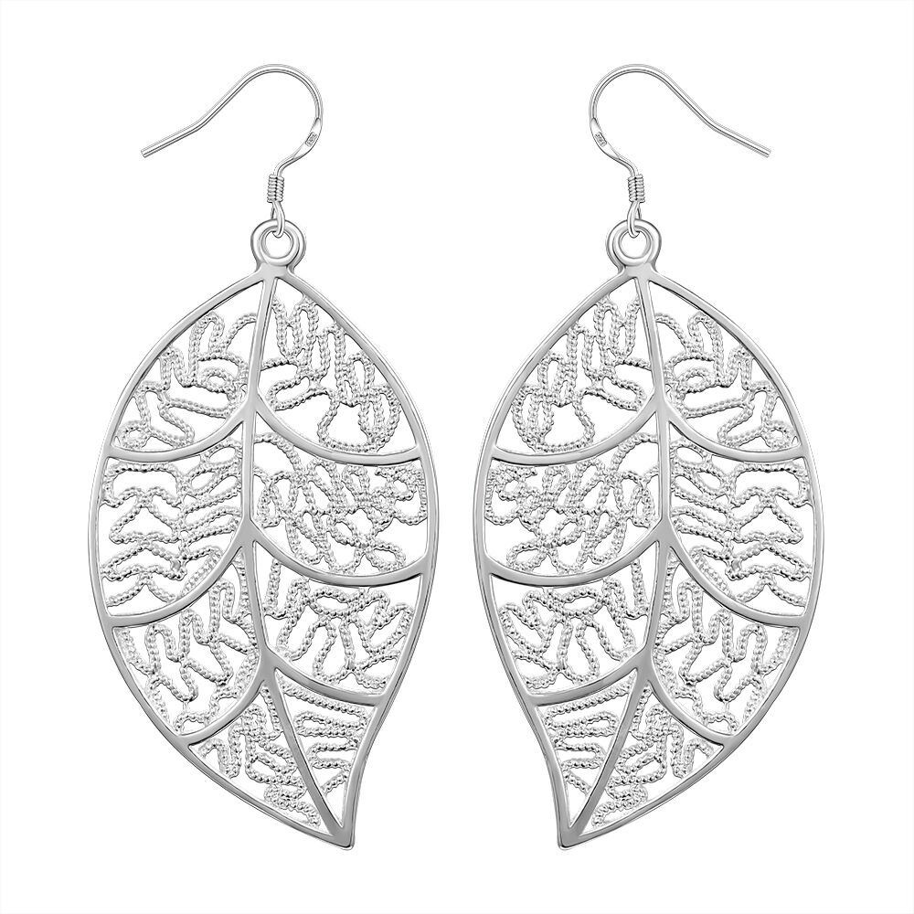 Sterling Silver Plated Chandelier Leaves Hoop Pierced Earrings L151