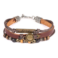 Genuine Leather Hemp Wood Bracelet Brown Yellow Luchy Charm Wood Alloy G369