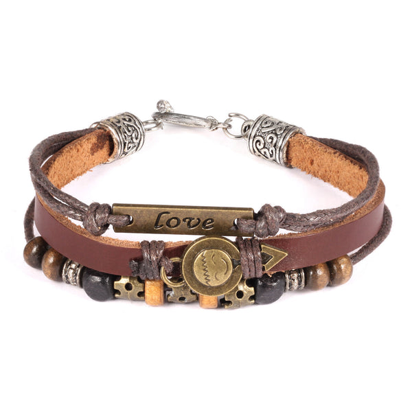 Genuine Leather Hemp Wood Bracelet Brown Yellow Luchy Charm Wood Alloy G369