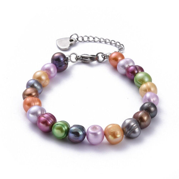 Natural Freshwater Pearl Beaded Bracelet Stainless Steel Lobster 9.4" Z140